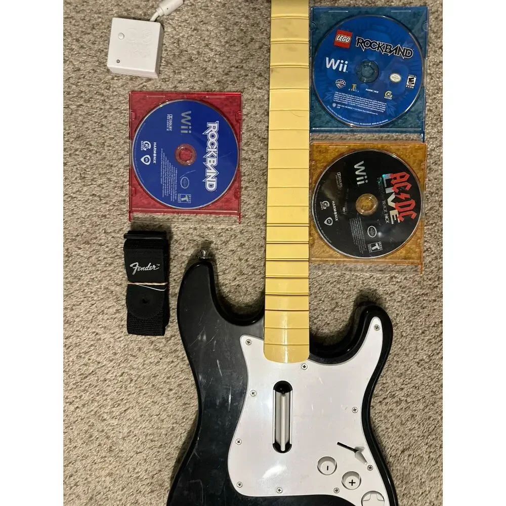 Nintendo Wii Rock Band Guitar w Dongle Strap 2 Games RockBand Lego AC/DC Tested